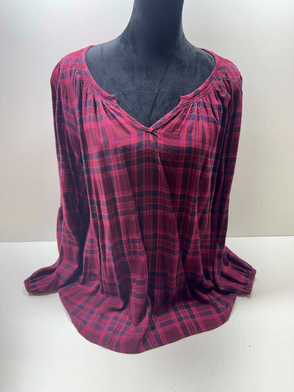 Lane Bryant Women’s Red Plaid V Neck Long Sleeve Tunic Top Pullover Sz 14 Tartan